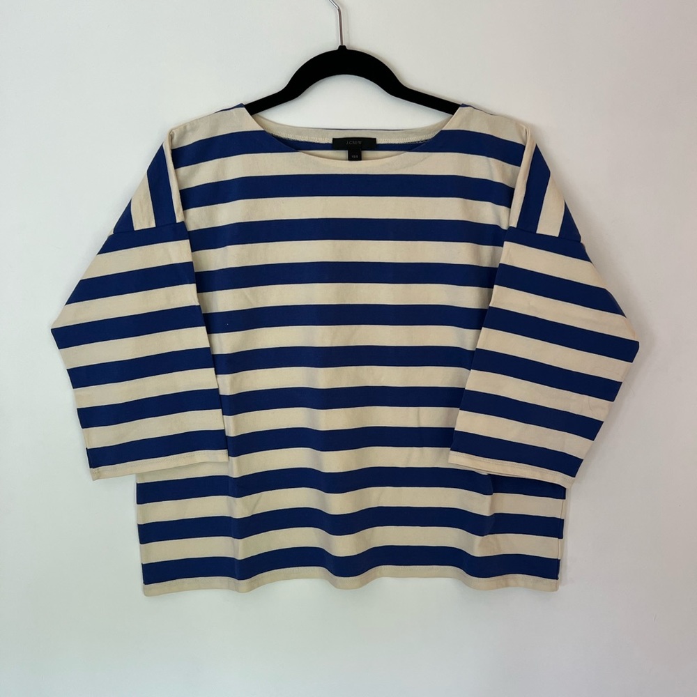 NWOT J.Crew Blue + Tan Striped Boatneck 3/4 Sleeve Top - Size XS/S